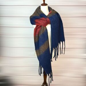 NWT Frye and Co. Chunky Fringed Scarf Oversized Blue Taupe Red